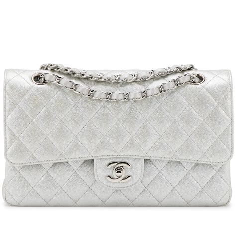 Chanel Silver 21K Glitter Caviar Medium Classic Double Flap 